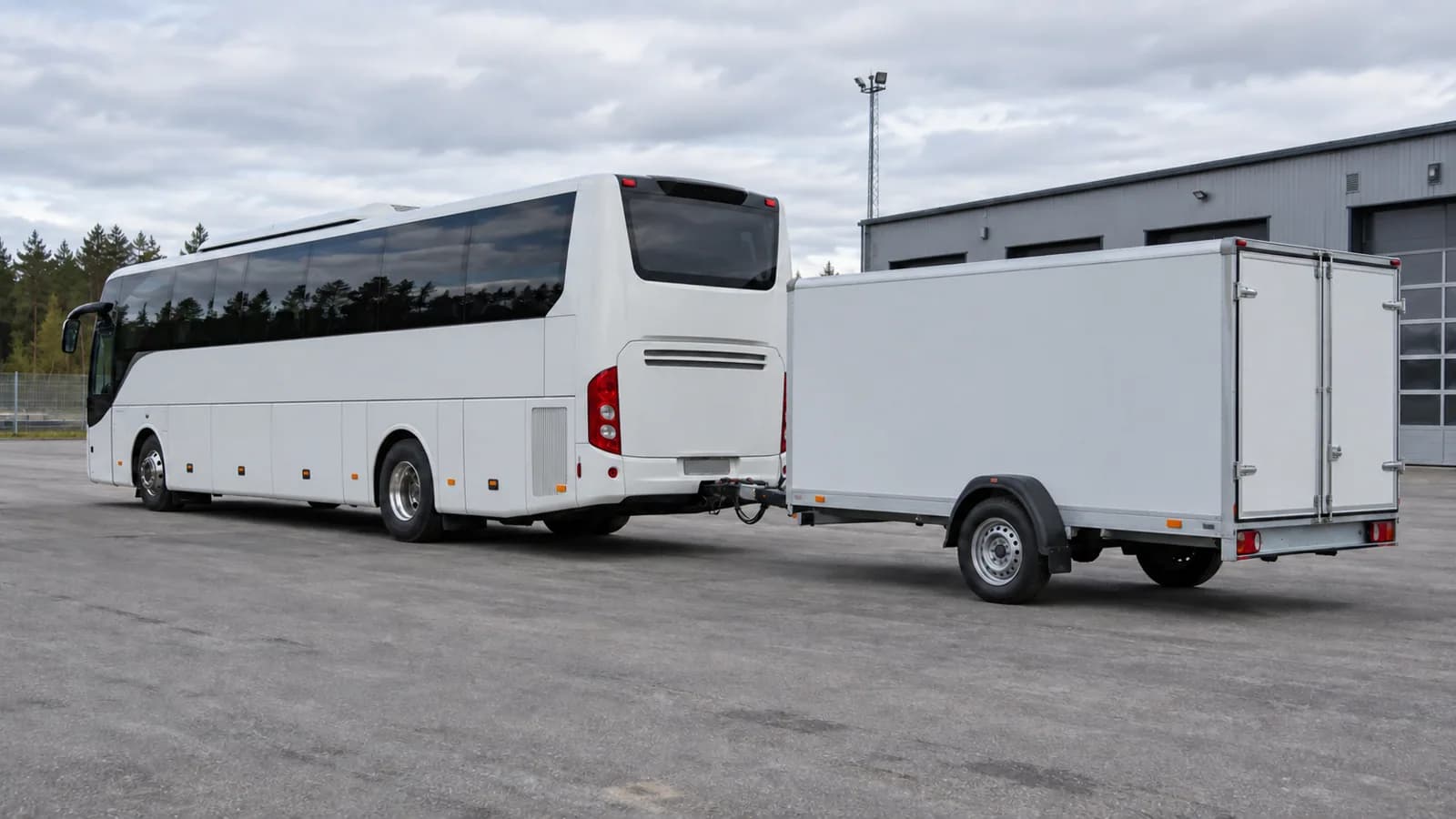 En omärkt långfärdsbuss är korrekt kopplad till ett bagagesläp på en depå. Bilden visar ett sammanhängande ekipage utan text eller märkning.